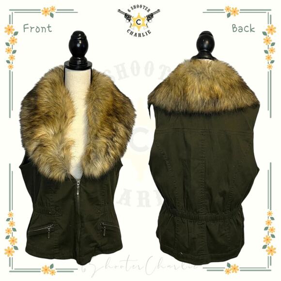 PETER NYGARD Women’s Green Bianca Vest Removable Faux Fur Collar Size 14 - Picture 1 of 7